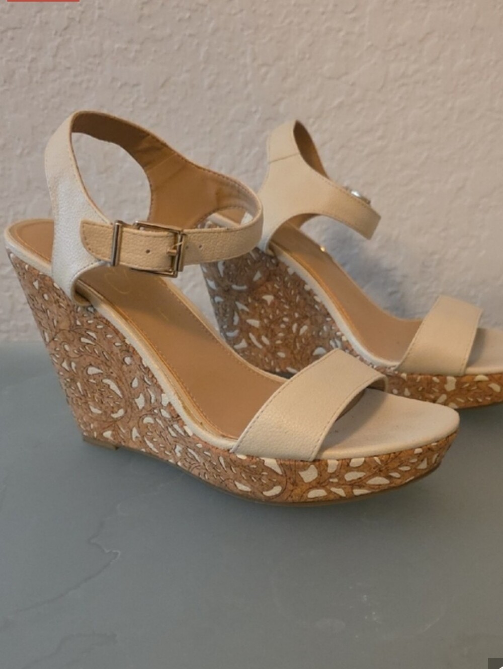 Jessica Simpson Cream Wedge Sandals with Decorative Cork Platform